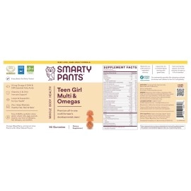 SmartyPants Teen Girl Multivitamin Gummies: Omega 3 Fish Oil (EPA/DHA), Vitamin D3, C, Vitamin B12, B6, Vitamin A, K & Zinc, Gluten Free, Three Fruit Flavors, 90 Count (22 Day Supply)