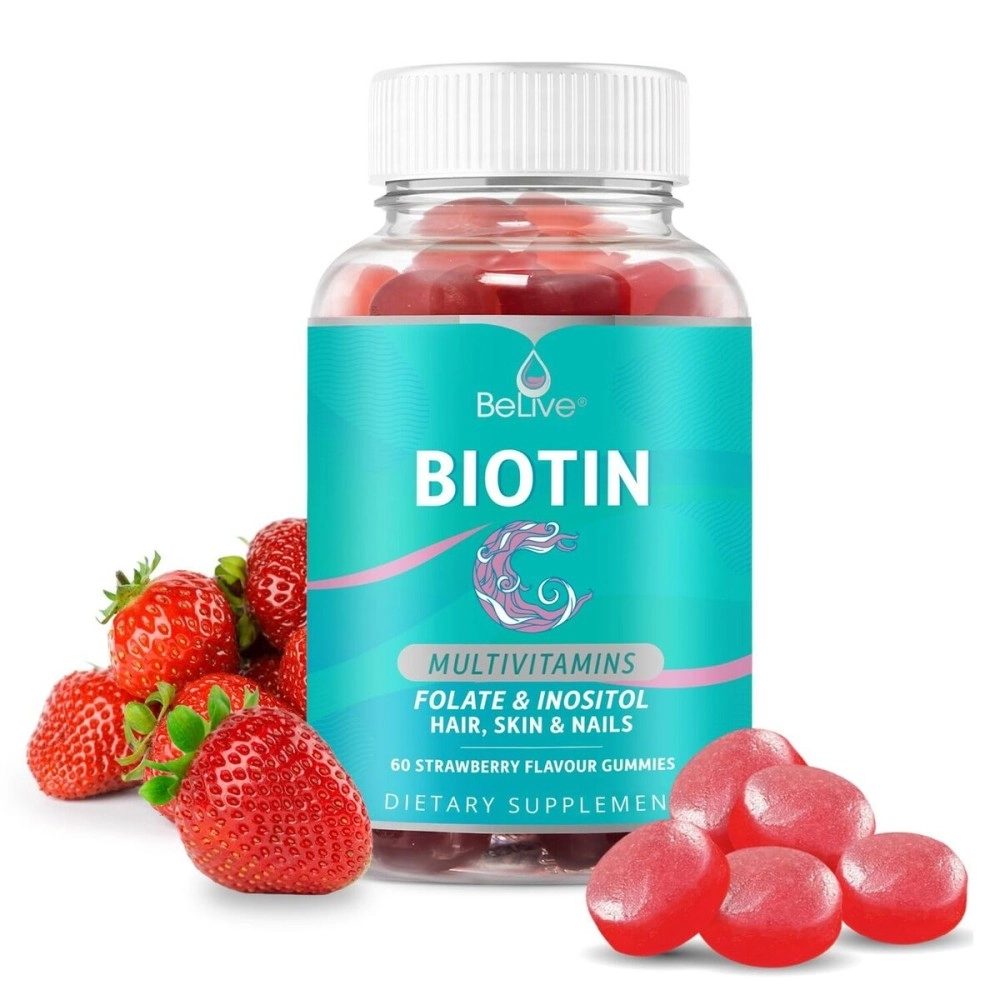 BeLive Biotin Gummies with MultiVitamins, Folate, Inositol - Supports Hair Growth, Healthy Skin & Nails - Vegan, Pectin Based - Strawberry Flavor (1)