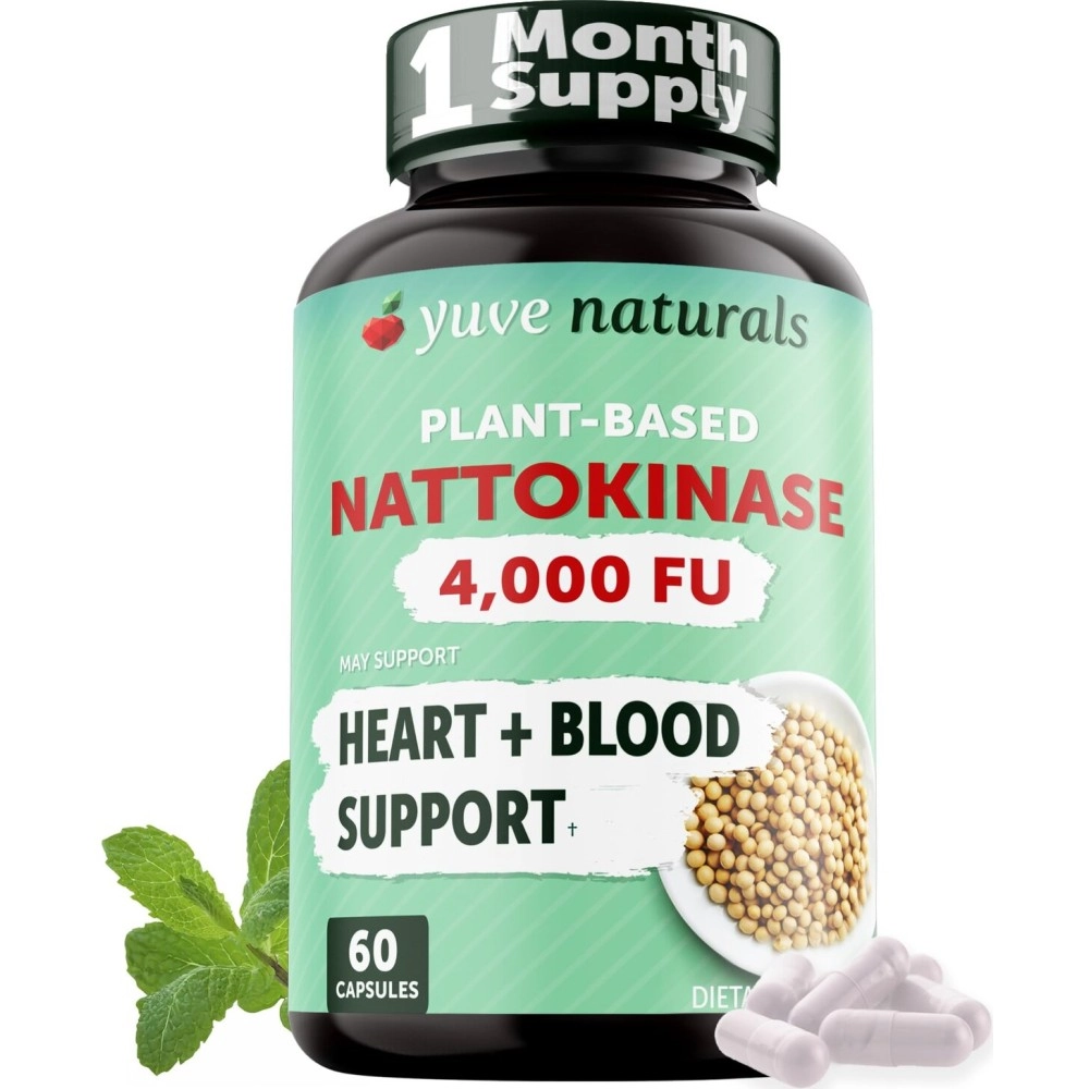 Yuve Nattokinase 2000 FU, Nattokinase Supplement for Cardiovascular Health Support - Natural Blood Thinner - Natokinase Enzyme from Natto Extract, Sugar-Free, Vitamin K Free - 60 Pills, Made in USA