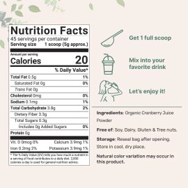 Sustainably US Grown, Organic Cranberry Juice Powder (Cranberry Supplements), 8 Ounce, Enhance Urinary Tract Cleanse, Prostate Health and Immune System, Natural Flavor & Vitamin C for Smoothie, Vegan
