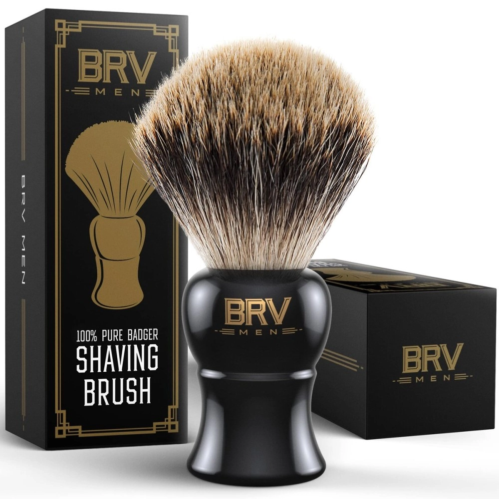 BRV MEN Shaving Brush | 100% Pure Badger Hair | Large Badger Brush | Heavy Resin Handle, Black | Rich Lather | Wet Shave Brush | Use w/Double-Edge Safety or Straight Razor | Genuine Badger Bristles |
