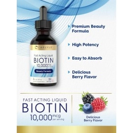 Carlyle Liquid Biotin 10000mcg 60ml Liquid Drops Max Strength for Hair, Strong Nails, Beautiful Skin Vegetarian, Non-GMO, Gluten Free Vitamin