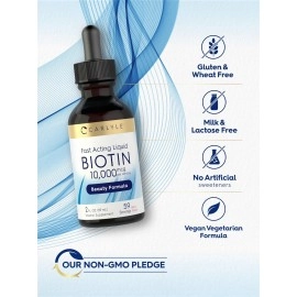 Carlyle Liquid Biotin 10000mcg 60ml Liquid Drops Max Strength for Hair, Strong Nails, Beautiful Skin Vegetarian, Non-GMO, Gluten Free Vitamin
