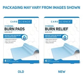 Care Science Hydrogel Sterile Burn Dressing Bandage Pads for Burn Relief, 4 ct | Instant Cooling Relief for Minor Burns & Wounds