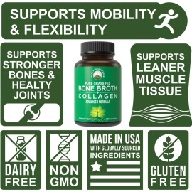 Bone Broth Collagen Capsules. 180 Pills of Grass Fed Bone Broth Collagen Protein Peptides. Contains All 3 Collagen Types 1, 2, and 3. Pure Pasture Raised Paleo Friendly Tablets for Women and Men