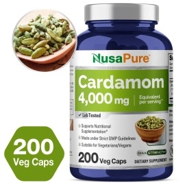 NusaPure Cardamom Extract 4000mg 200 Vegetarian Capsules (Non-GMO & Gluten Free)