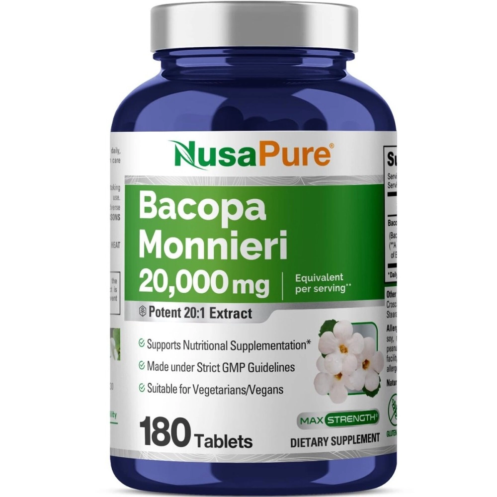 NusaPure Bacopa Leaf Monnieri Extract 20,000 mg 180 Tablets (Extract 20:1, Non-GMO, Gluten Free)