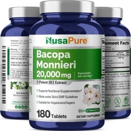 NusaPure Bacopa Leaf Monnieri Extract 20,000 mg 180 Tablets (Extract 20:1, Non-GMO, Gluten Free)