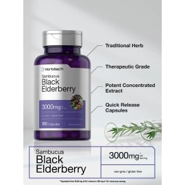Horbach Black Elderberry Capsules 2000mg 180 Pills Immune Support Non-GMO, Gluten-Free Sambucus Extract Supplement