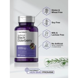 Horbach Black Elderberry Capsules 2000mg 180 Pills Immune Support Non-GMO, Gluten-Free Sambucus Extract Supplement