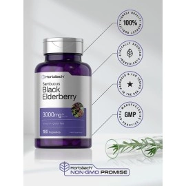Horbach Black Elderberry Capsules 2000mg 180 Pills Immune Support Non-GMO, Gluten-Free Sambucus Extract Supplement