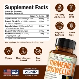 Vimerson Health Turmeric Curcumin with BioPerine, Boswellia and Ginger. Advanced Turmeric Combination. Promotes Cartilage Function. Vegan, Gluten-Free, Non-GMO, Natural. 60 Vegetarian Capsules.