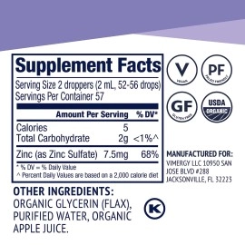 Vimergy Organic Liquid Zinc, 57 Servings - Alcohol Free Zinc Sulfate - Supports Immune Health & Metabolism - Antioxidant - Gluten-Free, Non-GMO, Kosher, Vegan & Paleo Friendly (115 ml)