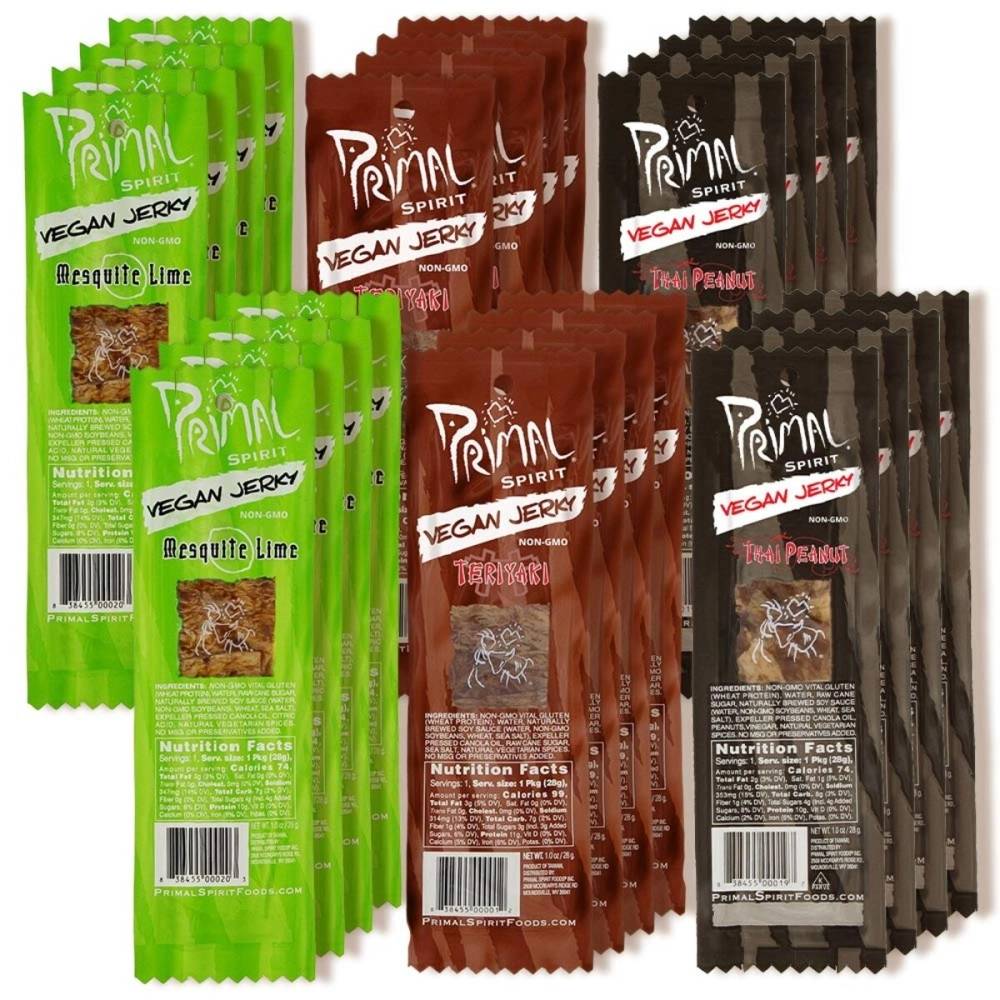 Primal Spirit Foods Vegan Jerky - Seitan Power Pack, 10 g. Plant Based Protein, Certified Non-GMO, No Preservatives (The Classics Teriyaki, Thai Peanut, and Mesquite Lime, 24-Pack, 1 oz)