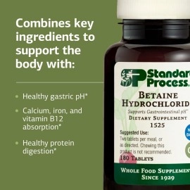 Standard Process Inc. Betaine Hydrochloride - Whole Food GI and Digestive Health Supplement with Magnesium Citrate, Betaine HCl, Ammonium Chloride, Pepsin, and More - 180 Tablets