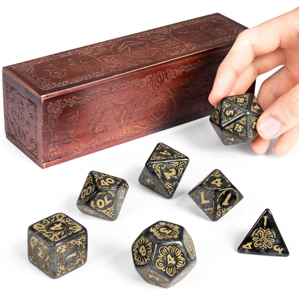 Wiz Dice Titan Dice: Nyx | 25mm Giant Polyhedral Dice 7-Piece Set & Engraved Wooden Display Box | Smoke Color with Gold Numbers | Tabletop Roleplaying Fantasy RPG Gaming Novelty Accessories