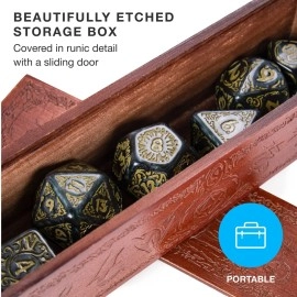 Wiz Dice Titan Dice: Nyx | 25mm Giant Polyhedral Dice 7-Piece Set & Engraved Wooden Display Box | Smoke Color with Gold Numbers | Tabletop Roleplaying Fantasy RPG Gaming Novelty Accessories