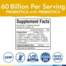 Terranics Probiotics with Prebiotics, 60 Billion CFU, 19 Strains, 60 Vegetarian Capsules, Acid & Bile Resistant, Shelf Stable, Supports Digestive& Immune Health, Non-GMO, Soy, Dairy & Gluten Free