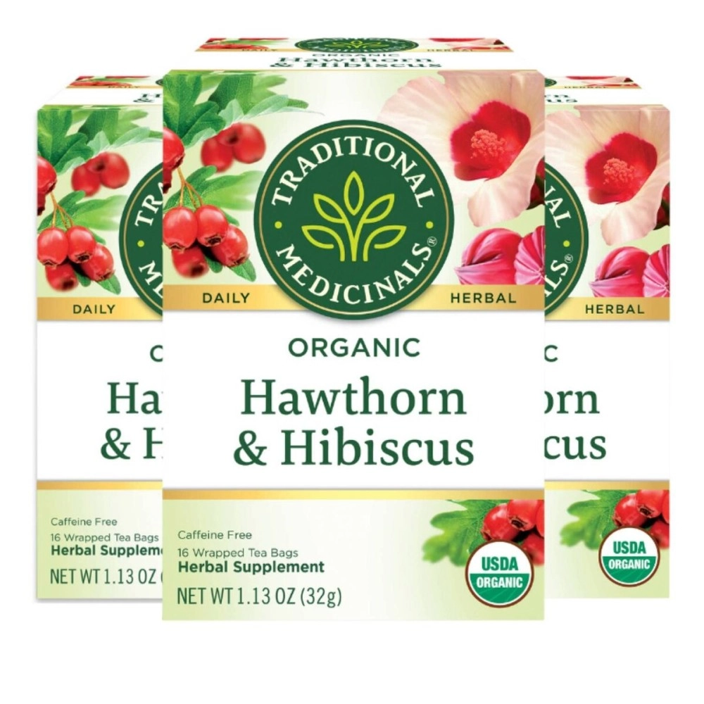 Traditional Medicinals Organic Hawthorn & Hibiscus Herbal Tea, Promotes Heart Health, (Pack of 3) - 48 Tea Bags Total