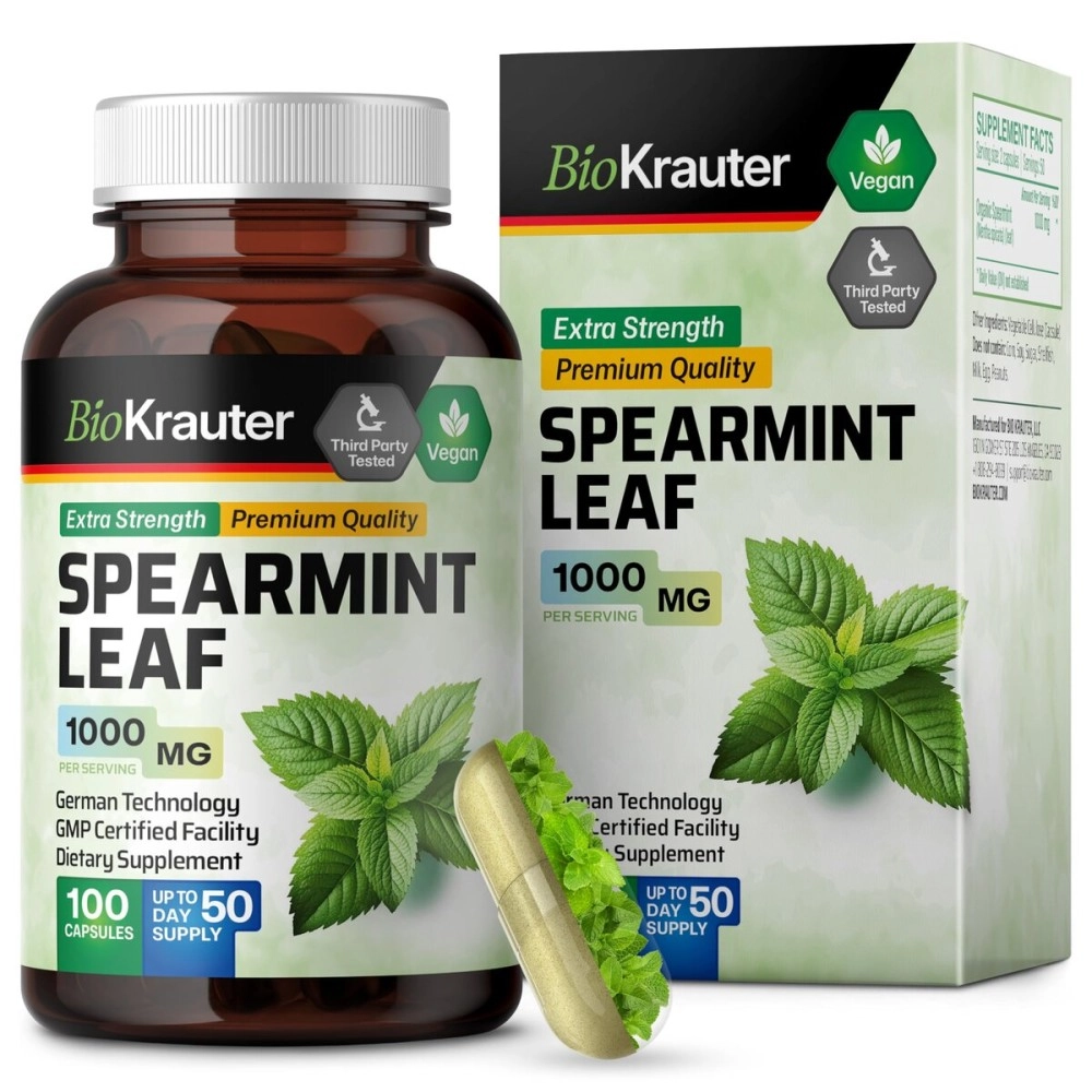 BIO KRAUTER Spearmint Capsules, 500 mg, Organic Spearmint Leaf (Mentha spicata) (100 Capsules)