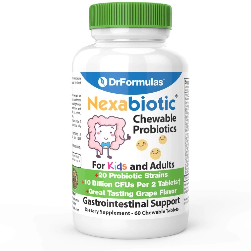 DrFormulas Chewable Probiotics for Kids & Adults | for Oral Dental Health, Bad Breath, Better Digestion 20 Multi Strain - S boulardii, Lactobacillus plantarum and Bifidobacterium infantis, 60 Chews