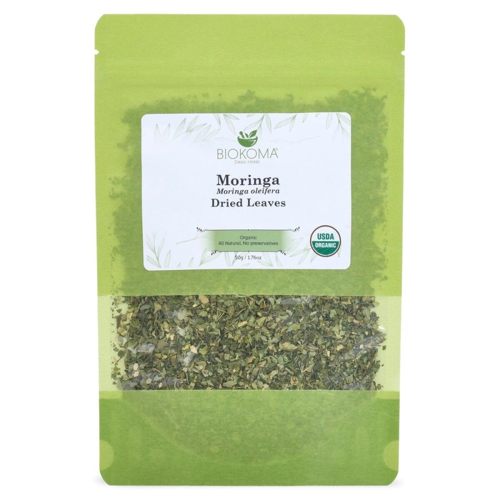 Biokoma 100% Pure and Organic Moringa (Moringa oleifera) Dried Leaves 50g (1.76oz) in Resealable Moisture Proof Pouch