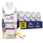 Ensure Max Protein Nutrition Shake with 30g of Protein, 1g of Sugar, High Protein Shake, French Vanilla, 11 fl oz (Pack of 12)