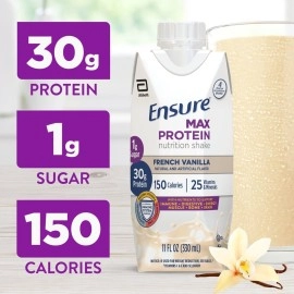 Ensure Max Protein Nutrition Shake with 30g of Protein, 1g of Sugar, High Protein Shake, French Vanilla, 11 fl oz (Pack of 12)