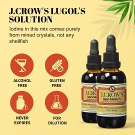 J.CROW\'S Lugol\'s Solution of Iodine 2% 2 oz (1 Bottle) - Premium Potassium Iodide Liquid, Supports Thyroid & Energy, Gluten &, Alcohol-Free Natural Brine Extract, No Expiration