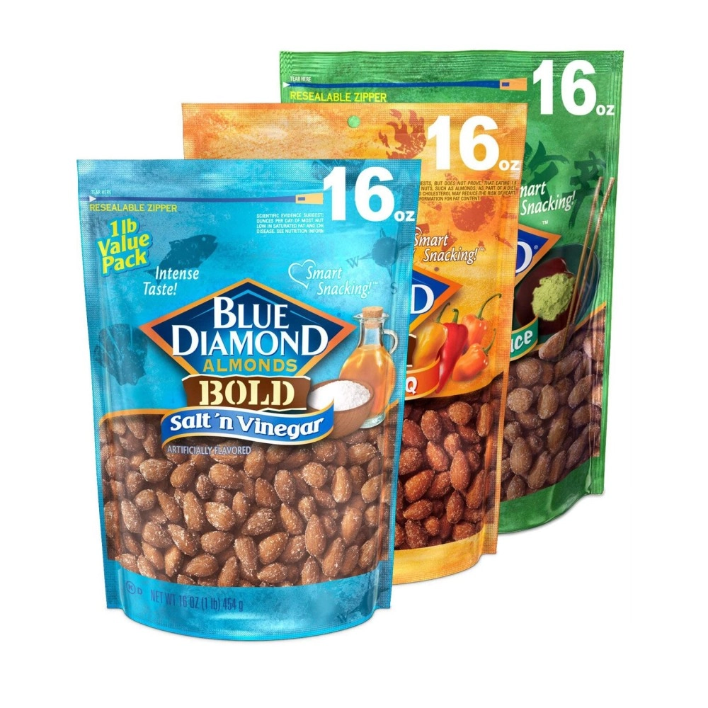 Blue Diamond Almonds Bold Variety Pack - Salt N\' Vinegar, Habanero BBQ, and Wasabi & Soy Sauce Flavored Snack Nuts, 16 Oz Resealable Bags (Pack of 3)