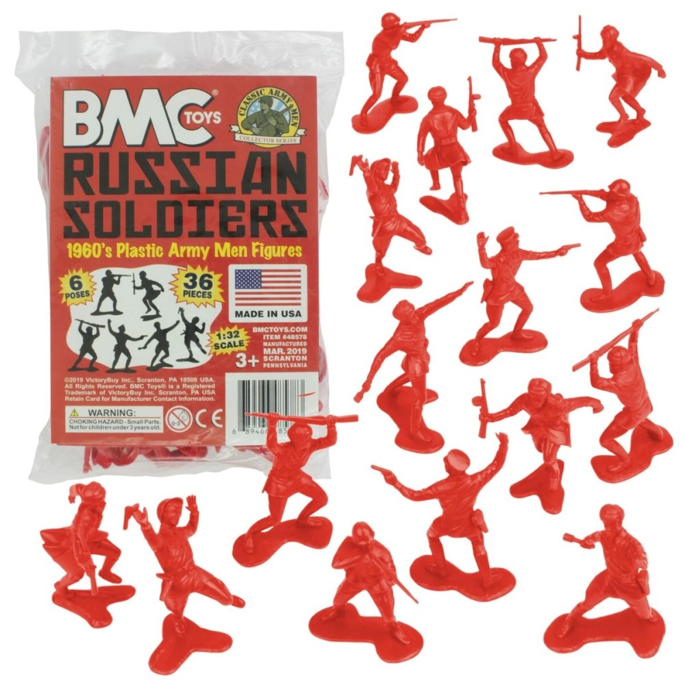BMC Toys (Bright Red) - Classic Marx Russian Plastic Army Men - Red 36pc WW2 Soldier Figures US Made