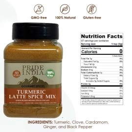 Pride of India - Turmeric Latte Spice Mix - Gourmet & Warm Tea Spice Blend - Healthy/Gluten-Free - Ideal for Lattes/Smoothies/Golden Milk - Easy to Store - 7 oz. Medium Dual Sifter Bottle