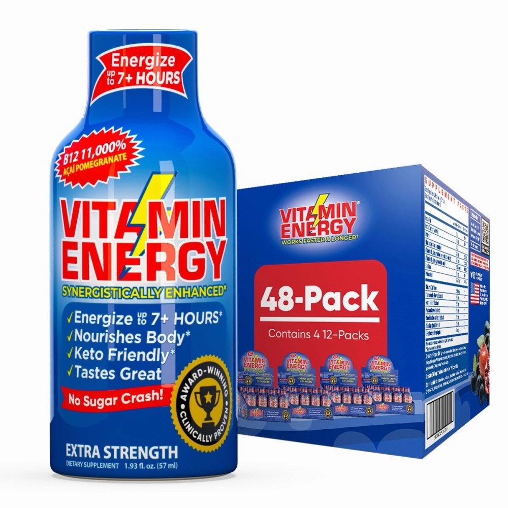 Vitamin Energy B12 11,000% Extra Strength Energy Shot Aa Pomegranate 48 Pack, 260mg Natural Caffeine, B12 & B6, Nootropic Focus, Vitality, Zero Sugar, Gluten-Free, Vegan, Kosher, 1.93 fl oz