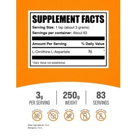 BulkSupplements.com L-Ornithine L-Aspartate Powder - Amino Acids Supplement for Liver Health - Gluten Free, 3g (3000mg) per Serving, 83 Servings (250 Grams - 8.8 oz)