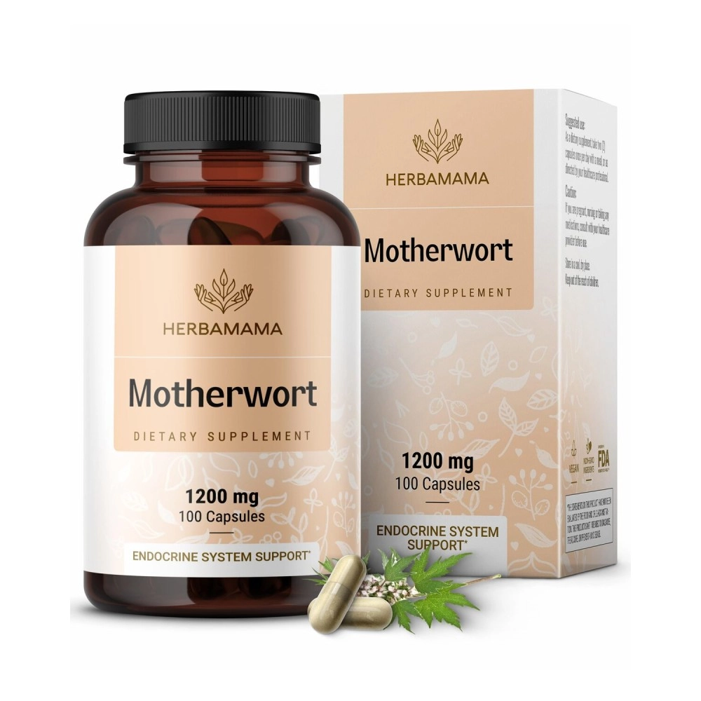 HERBAMAMA Motherwort Capsules - Organic Motherwort Herb Pills - Vegan Supplement - 1200 mg - 100 Caps