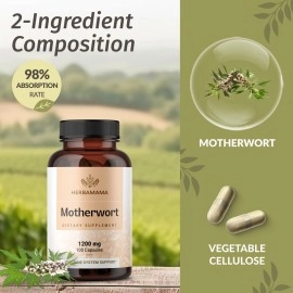 HERBAMAMA Motherwort Capsules - Organic Motherwort Herb Pills - Vegan Supplement - 1200 mg - 100 Caps