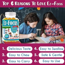 Ez Focus Gummies for Kids Brain Focus Chewable Focus Vitamins and Attention Supplement For Kids, Children and Teens Great Taste Kids Gummies for Focus Calming Natural Omegas DHA School Study Task