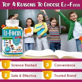 Ez Focus Gummies for Kids Brain Focus Chewable Focus Vitamins and Attention Supplement For Kids, Children and Teens Great Taste Kids Gummies for Focus Calming Natural Omegas DHA School Study Task