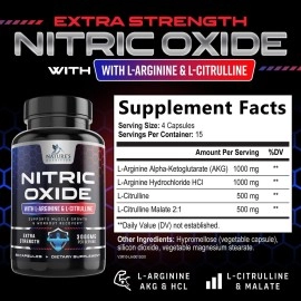 Extra Strength Nitric Oxide Supplement L Arginine 3X Strength - Citrulline Malate, AAKG, Beta Alanine - Premium Muscle Supporting Nitric Oxide Booster for Strength & Energy Supplements - 60 Capsules