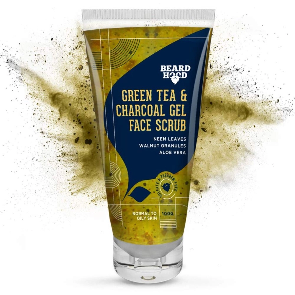 Beardhood Green Tea & Charcoal Gel Face Scrub, Normal to Oily Skin, Charcoal Beads, Neem Leaves and Aloe Vera, 100g
