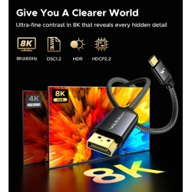 WARRKY USB C to DisplayPort Cable 8K 60Hz, Thunderbolt 4 to DisplayPort Cable | 4K 240Hz, 2K 360Hz | Compatible with iPhone 15 Series, MacBook Pro/Air, iPad Pro, iMac, Surface, HP, ASUS, etc. -1.8M