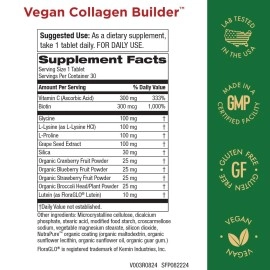 Vegan Collagen Builder - Organic Whole Foods Fruits + Veg, Silica, Lutein, Vitamin C, Biotin, Grape Seed - Amino Acids Glycine, Lysine + Proline Collagen Boosters (30 Servings, Tablets)
