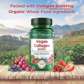 Vegan Collagen Builder - Organic Whole Foods Fruits + Veg, Silica, Lutein, Vitamin C, Biotin, Grape Seed - Amino Acids Glycine, Lysine + Proline Collagen Boosters (30 Servings, Tablets)