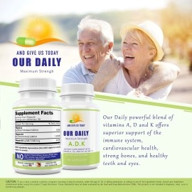 Our Daily Vites ADK Vitamin Supplement - Vitamin A, D3 & K (as MK7) - Bone & Immune System Support - High Potency Vitamins with Non GMO Ingredients - Gluten Free, Soy Free Vegetable Capsules