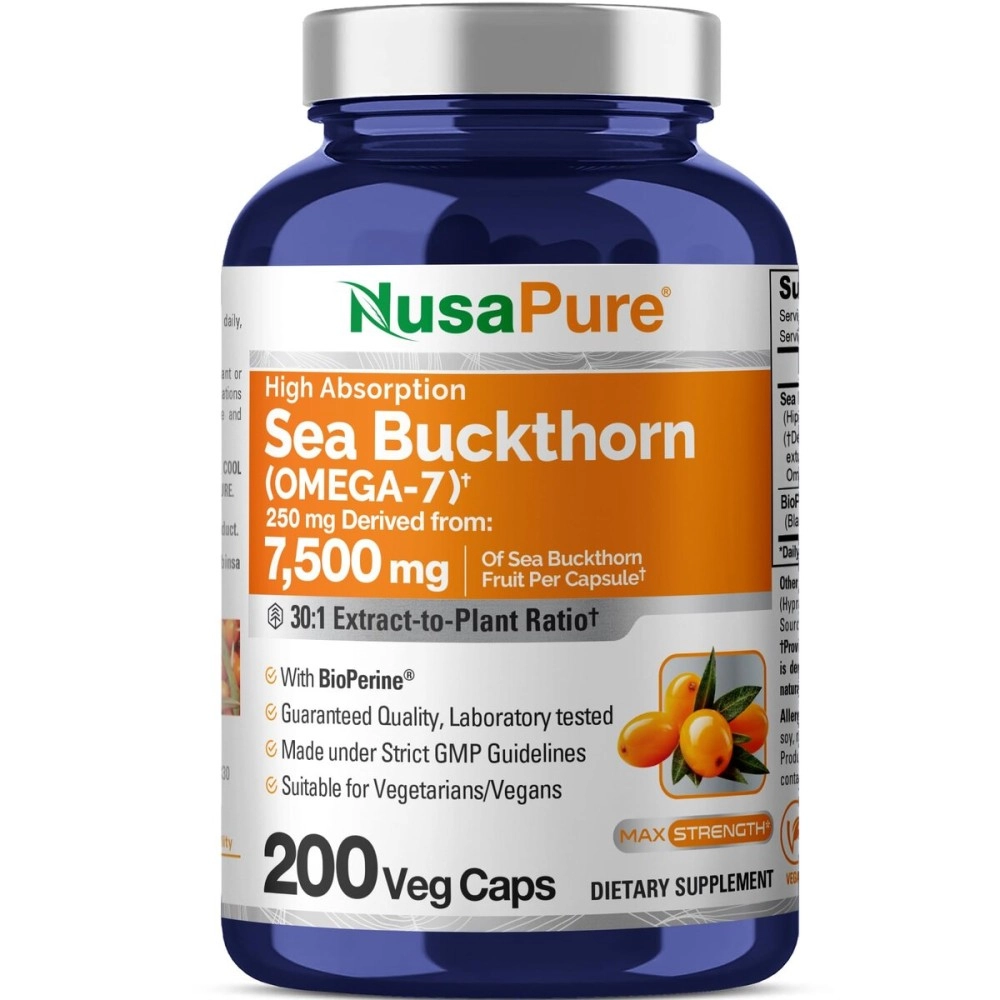 NusaPure Sea Buckthorn (Omega 7) 2250mg 200 Veggie Powder Caps - Extract 5:1, Non-GMO & Gluten Free