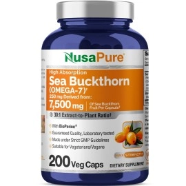 NusaPure Sea Buckthorn (Omega 7) 2250mg 200 Veggie Powder Caps - Extract 5:1, Non-GMO & Gluten Free