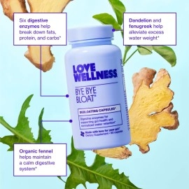 Love Wellness Bye Bye Bloat, Digestive Enzymes Supplement - 60 Capsules - Bloating & Gas Relief - Helps Reduce Water Retention & Overall Digestive Health - Safe & Effective With Fenugreek, & Dandelion