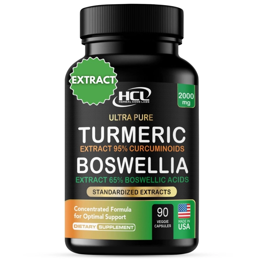 Turmeric Boswellia Extract Supplement - Strong Natural Pain Relief & Joint Support Pills 2000 mg - Extra Strength Anti-Inflammatory Boswellia Serrata with Turmeric Curcumin Powder 90 Capsules