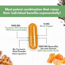 Turmeric Boswellia Extract Supplement - Strong Natural Pain Relief & Joint Support Pills 2000 mg - Extra Strength Anti-Inflammatory Boswellia Serrata with Turmeric Curcumin Powder 90 Capsules