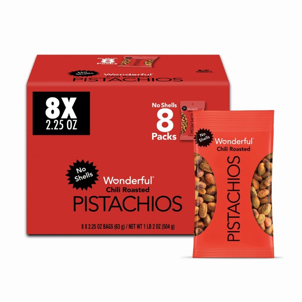Wonderful Pistachios No Shells, Chili Roasted Nuts, 2.25 Ounce (Pack of 8), Protein Snacks, Gluten Free, Pantry Staples, Healthy Office Snacks